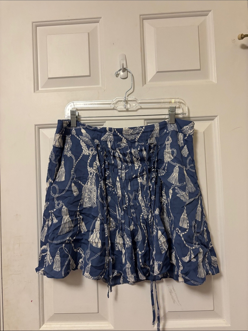 Reiss Blue and White Tassel Print Mini Skirt with Front Lacing Lace Up Tie Sz 10